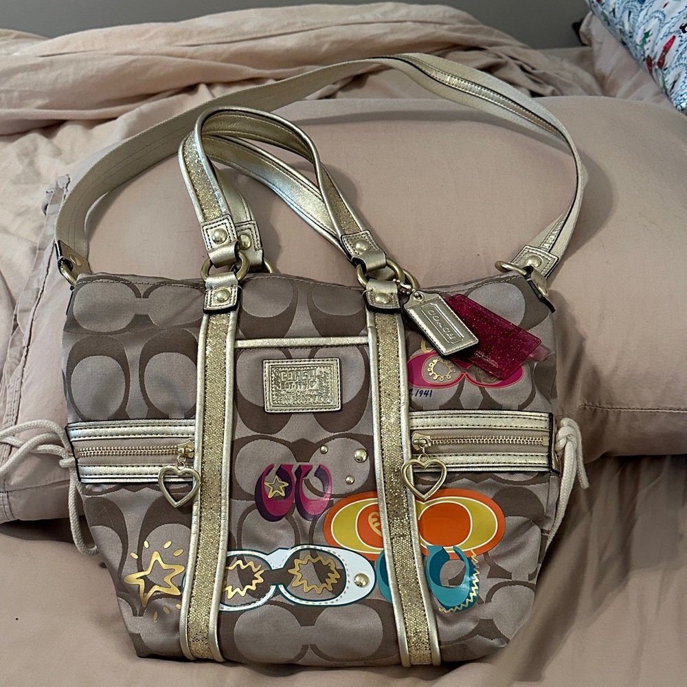 Coach Brown and Gold Shoulder Bag with Colorful Accents